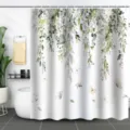 Waterproof shower curtain with green plant leaves and butterfly digital print pattern - 90x180cm / Green Leaf & Butterfly Pattern (xtl1022)
