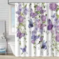 Purple butterfly and floral waterproof shower curtain with 3D digital printing design - 90x180cm / Purple Floral and Butterfly Pattern (2)