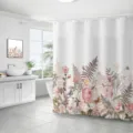 Waterproof white shower curtain with 3D vintage rose and fern botanical print decor - 90x180cm / Pink Rose & Brown Fern Pattern (xh03)