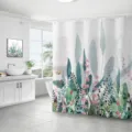 Waterproof botanical shower curtain featuring vibrant green leaves and pink flowers - 90x180cm / Fresh Green Plants & Pink Floral Pattern (xh24)