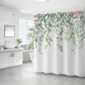 White waterproof bathroom shower curtain with green leaf and pink floral digital print - 90x180cm / Drooping Pink Flower & Plant Pattern(xh26)