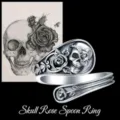Gothic retro skull and rose spoon open ring adjustable punk style finger jewelry for all - Open Adjustable / Antique Silver