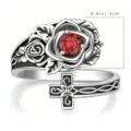 Close-up view of the vintage silver ring featuring an ornate rose and a detailed cross. - Open Adjustable / Silver Black