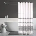 Modern minimalist white shower curtain with gray stripes and tassels for bathroom main - 182*182cm / Gray Striped