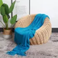 Blue Knitted Throw Blanket with Fringe Soft Nordic Style Couch Cover Blanket for Living Room - Bright Blue