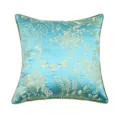 Cyan silk throw pillow with gold floral embroidery and green piping for living room sofa - Floral Geometric Embroidery