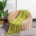 Solid color knitted throw blanket with fringe for sofa bed office travel cozy warm use. - Grass Green