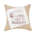 Rustic burlap throw pillow with embroidered red house patch, cotton linen square cushion cover. - House Tree Embroidery