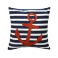 Navy blue and white striped cushion cover with red embroidered anchor design, perfect for sofa. - PE6156-1