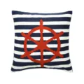 Nautical style blue white striped throw pillow cover with red embroidered ship helm design. - PE6154E-1