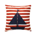 Red and white striped cushion cover with navy blue sailboat embroidery for home decor. - PE6155E-1