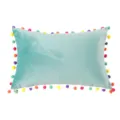Turquoise velvet lumbar pillow with colorful pom pom trim, Nordic solid color decorative sofa cushion - Light Cyan (PE7243H-3)