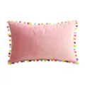 Pink velvet throw pillow with colorful pom pom trim, soft rectangular decorative cushion. - Pink (PE7243H-1)