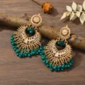 Bohemian hollow bell dangle earrings featuring dark green beads and intricate gold details. - Green In KC Gold