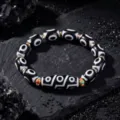 Tibetan Dzi bead bracelet, black white eye pattern stones, vintage fashion jewelry detail view. - S1393-B Dzi Bead Bracelet