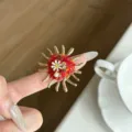 Vintage style metal open ring detailed close-up, featuring colorful resin and cute bug accent. - Flower Pearl Ladybug Style (JZ0920B)