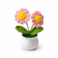 Handgefertigte Häkel-Topfblume, gestrickte Gänseblümchen-Pflanze im weißen Keramiktopf Geschenk. - 2-Kopf Gänseblümchen (Rosa)