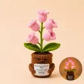 Handmade crochet lily of the valley night light potted plant with warm LED glowing effect. - Pink