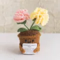Pianta in vaso all'uncinetto fatte a mano, graziosa decorazione da scrivania con messaggio. - Garofano a Due Teste - Rosa e Giallo