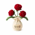 Hecho a Mano Ganchillo Rosa Roja Planta en Maceta Flor Tejida Decoración Florero - Rosa 3 Cabezas Rojo