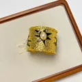 Vintage style gold wide cuff bracelet with black star enamel and pearl for women. - Black Star Style (SL0480B)