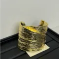 Gold wide textured cuff bracelet detail, statement open metal bangle for women fashion accessory. - Three-Dimensional Pleated Texture Gold Style (Z-803)