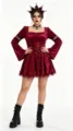 Gothic velvet dress detail featuring lace-up corset and elegant bell sleeves for party style. - S / Red Dress Style