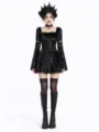 Gothic black velvet lace dress dark style vintage long sleeve party cosplay costume outfit - S / Black Dress