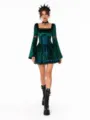 Gothic velvet dress detail featuring long trumpet sleeves, square neckline and lace trim. - S / Green Dress