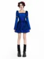 Gothic velvet mini dress with corset lacing and bell sleeves, perfect for parties. - Blue Nightdress