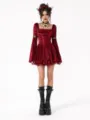 Gothic vampire red velvet mini dress with lace trim, perfect for Halloween and party wear. - S / Red Dress