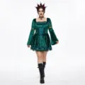 Gothic dark green velvet dress, long sleeve lace up vintage Halloween party dress for women - S / Green Dress