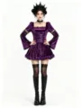 Gothic purple velvet lace dress details with delicate trim, corset lacing and flare sleeves. - Purple Dress