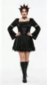 Gothic black velvet dress detail showing lace trim, corset lacing, and trumpet sleeves. - S / Black Dress