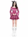 Dark gothic pink velvet mini dress with bell sleeves and corset lace-up detailing for women. - S / Fuchsia Dress