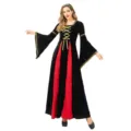 Medieval vintage gothic witch long dress featuring black red velvet and elegant golden details. - M / Black Dress + Yellow Headband