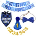Blaues Haustier-Geburtstagsset mit Halstuch, Pailletten-Fliege und Glitzerhut - 5-teiliges Set / Saphirblau