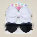Süßes Kinder-Set mit weißem Schleifen-Haarband und schwarzer Herz-Sonnenbrille - Stirnband und Sonnenbrille Set (68) / Weiß