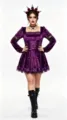 Gothic velvet mini dress with lace trim, corset lacing, and long sleeves for Halloween. - Purple Dress