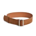 Brown suede wide belt for women, retro leather waist band with double prong metal buckle. - Caramel color