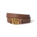 Women brown leather belt with wavy gold metal buckle, vintage stylish waist accessory. - Brown