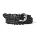 Black braided leather belt for women with silver pin buckle rolled up on white background - Black