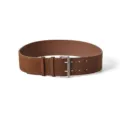 Brown suede wide belt for women with double-prong metal buckle and double eyelets style. - Caramel color / 105cm