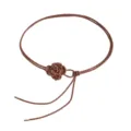 Brown braided waist chain for women with knitted flower charm and metal tips, main view. - Red Brown