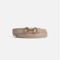 Elegant minimalist beige women's leather belt featuring a sleek gold-tone horsebit buckle. - 105cm / Light Khaki
