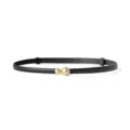 Minimalist women leather belt with stylish double gold ball buckle for pants and dresses. - Black