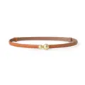 Slim brown leather belt for women with elegant double gold sphere buckle, versatile waist strap. - Camel