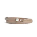 Khaki thin leather belt for women with elegant pearl buckle, simple dress waist accessory. - Light Khaki