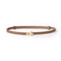 Women brown genuine leather skinny belt with elegant double gold sphere buckle, fashion style. - Caramel color