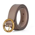 Elegant women leather belt with vintage gold round buckle, stylish daily accessory. - Khaki / 99cm